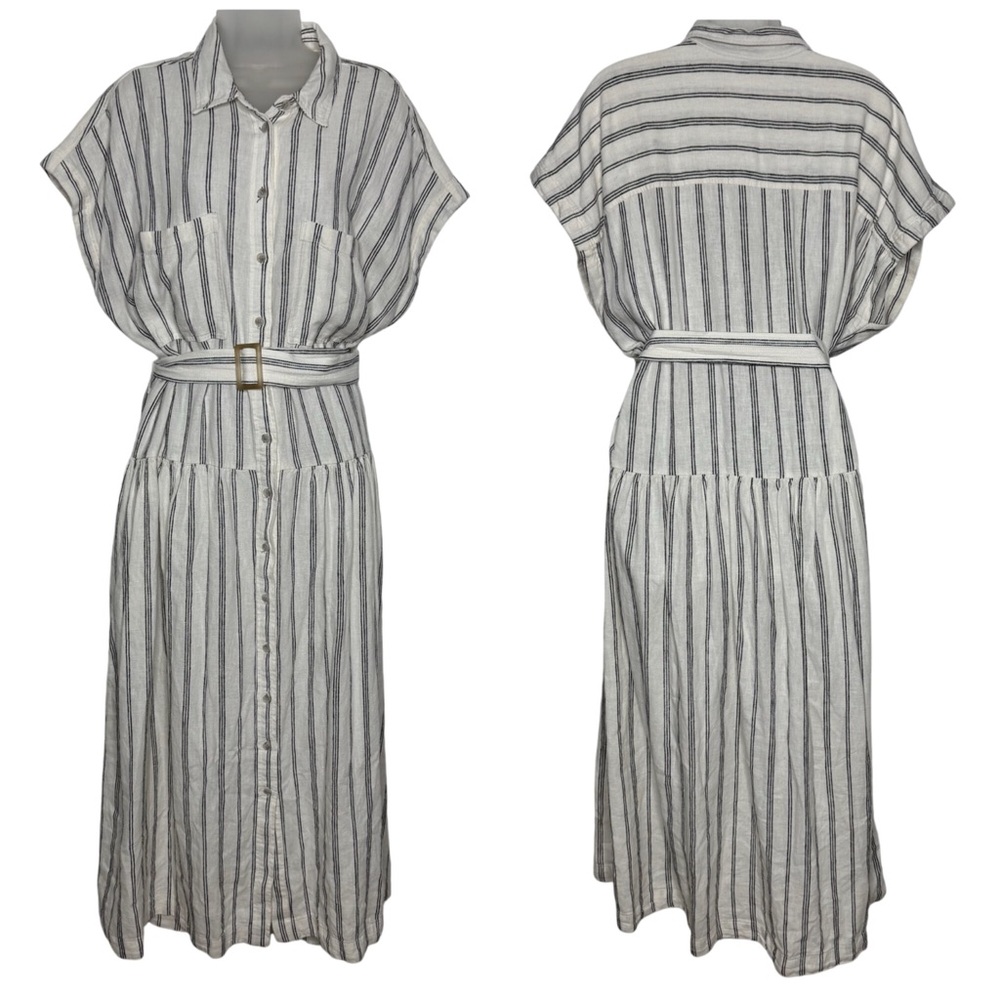 Universal Thread Linen Blend Striped Tiered Belted Midi Shirt Dress Women's sz L